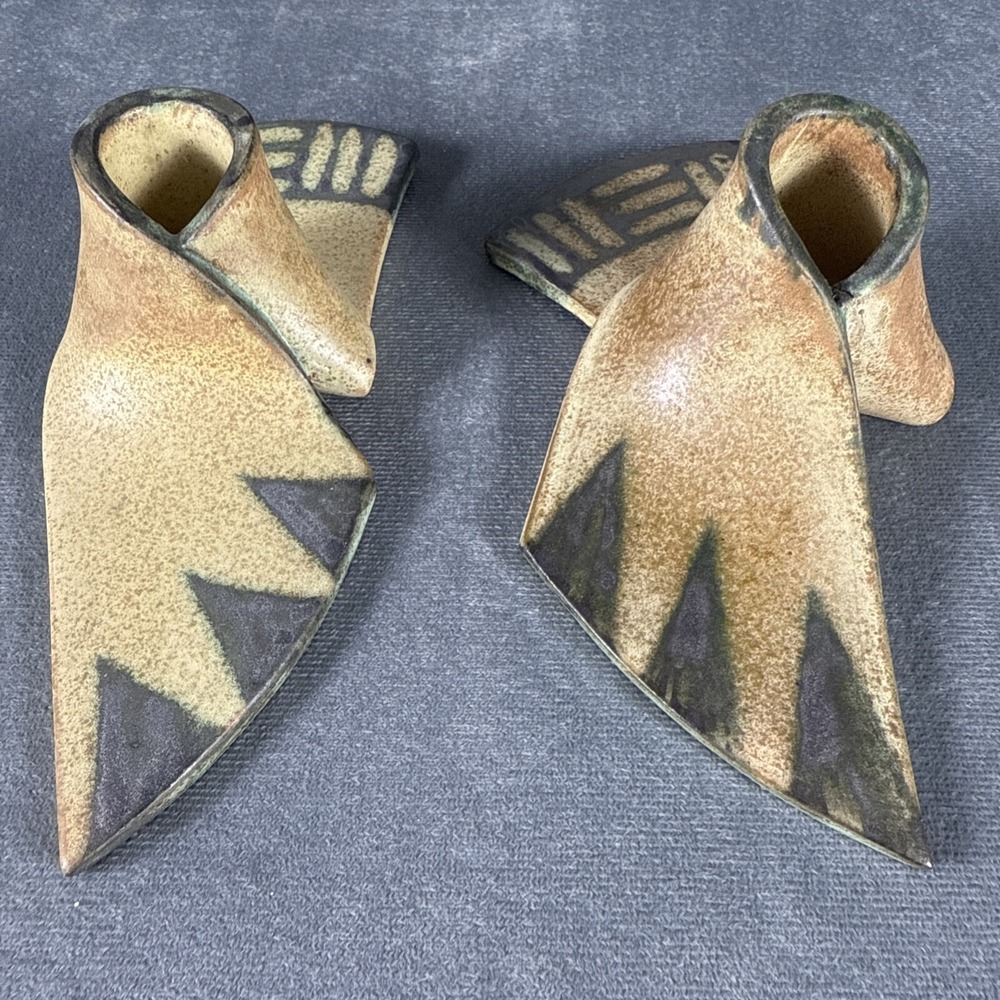 Signed Postmodern Studio Pottery Candle Holders Abstract Sculptural Pair
